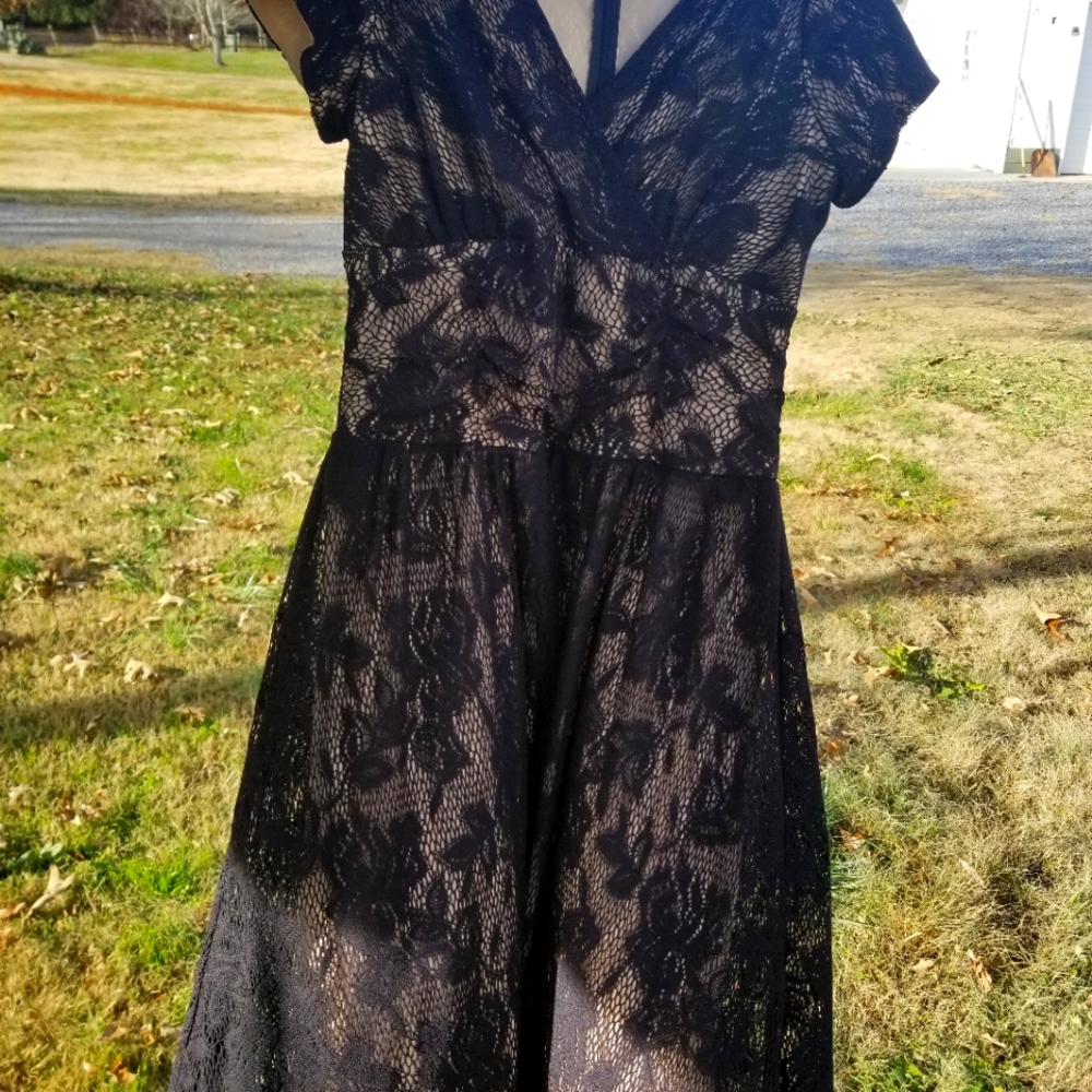 Black lace over nude dress. Brand: Perceptions N.Y.  size 8